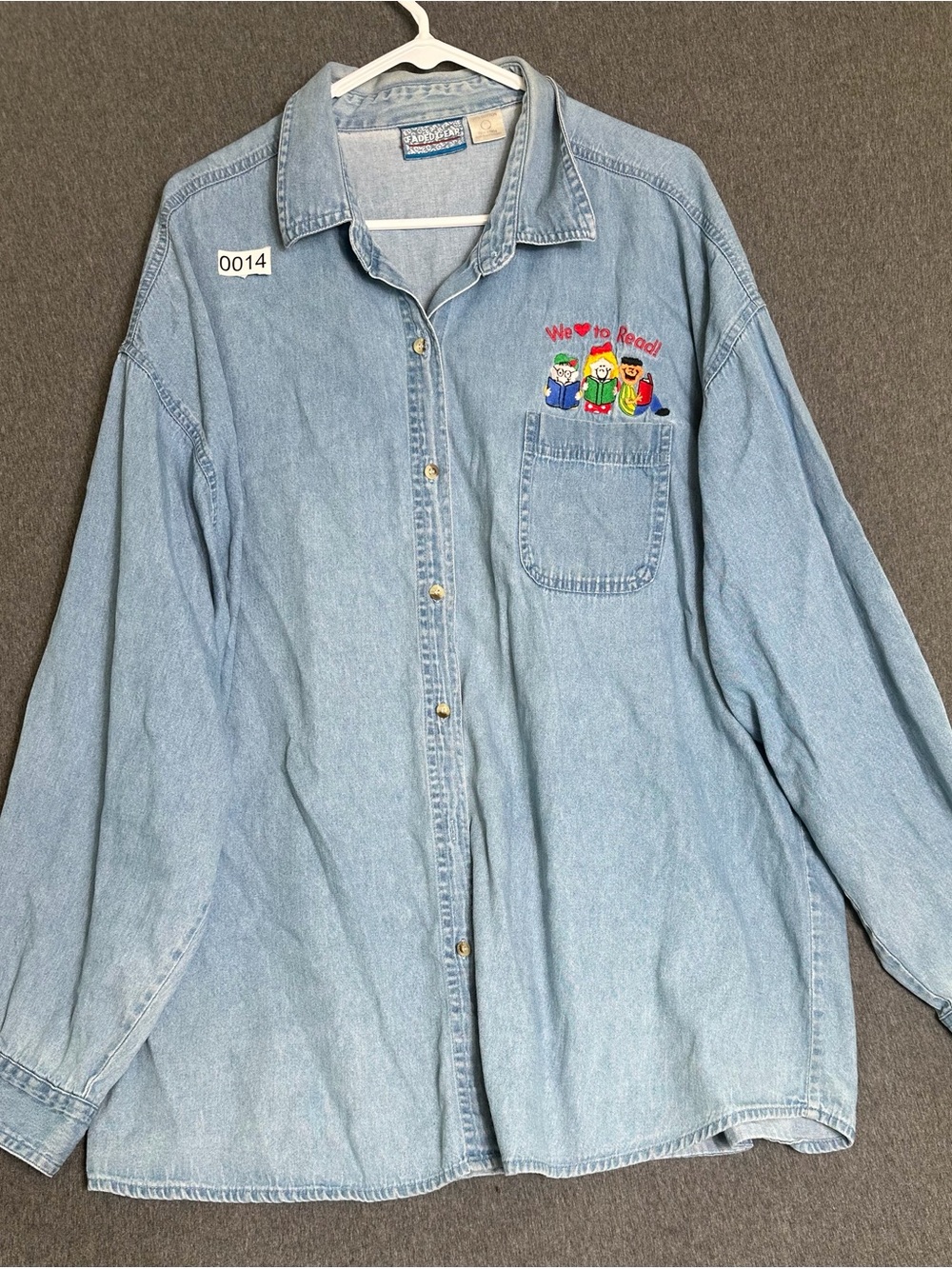 Light Blue Denim Button-Up Shirt with "We Love to Read" Embroidery 2XL